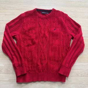 Vintage Nautica Cable Knit Sweater Red Medium Crewneck Sailboat